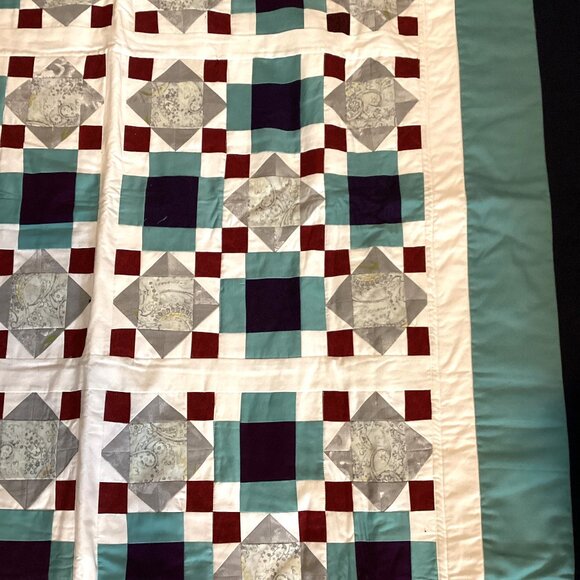 Handmade Finished Quilted Twin Quilt Throw Blanket White Blue Cotton 71" x 52" - Picture 3 of 9